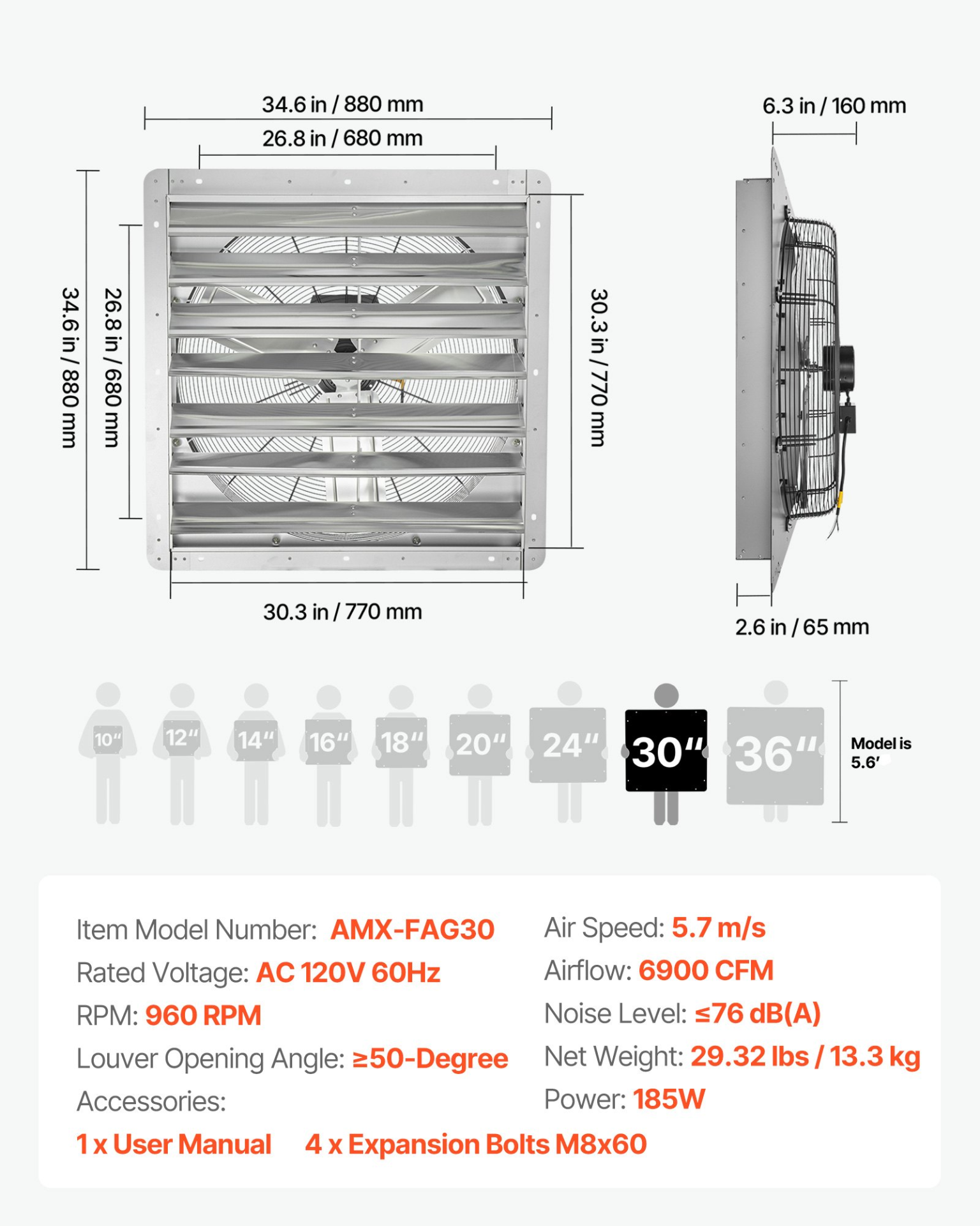 Ventilador extractor de 30 pulgadas con persiana | VEVOR