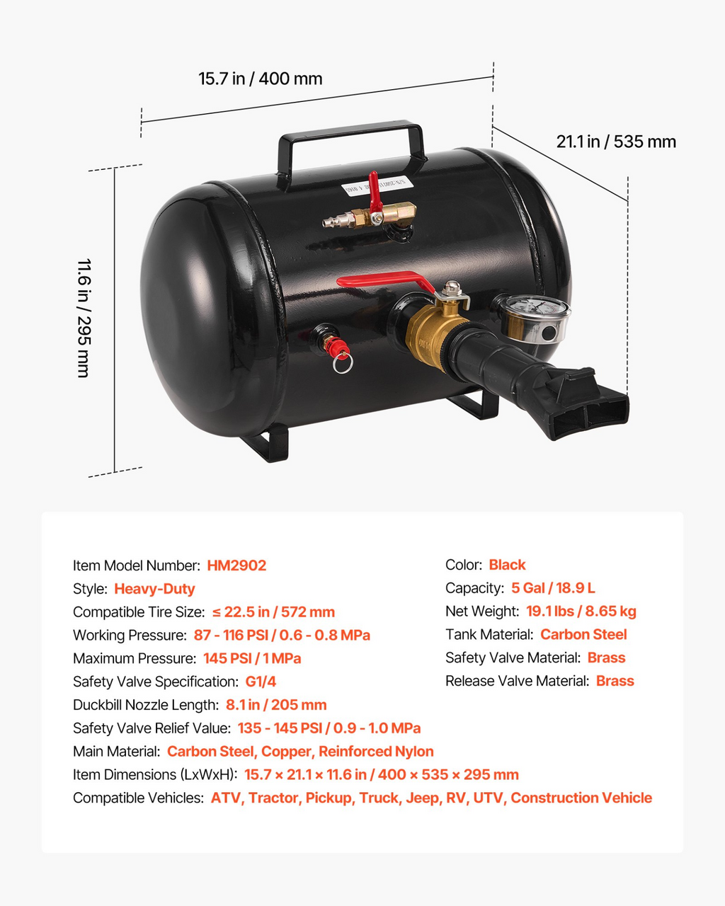 Inflador De Talón De Neumáticos 5 gal / 18.9 L, 116 PSI | VEVOR