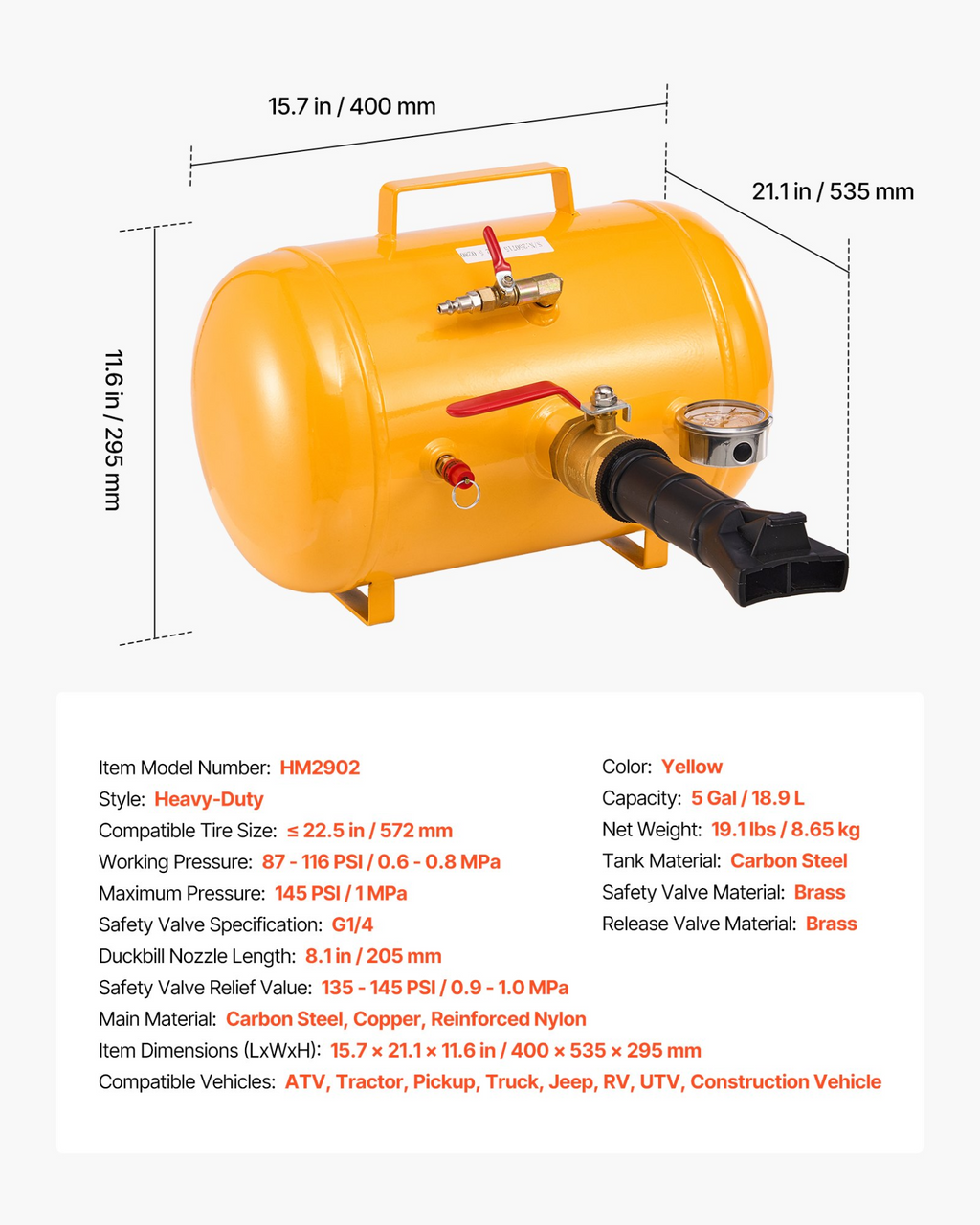 Inflador De Talón De Neumáticos 5 gal / 18.9 L | VEVOR