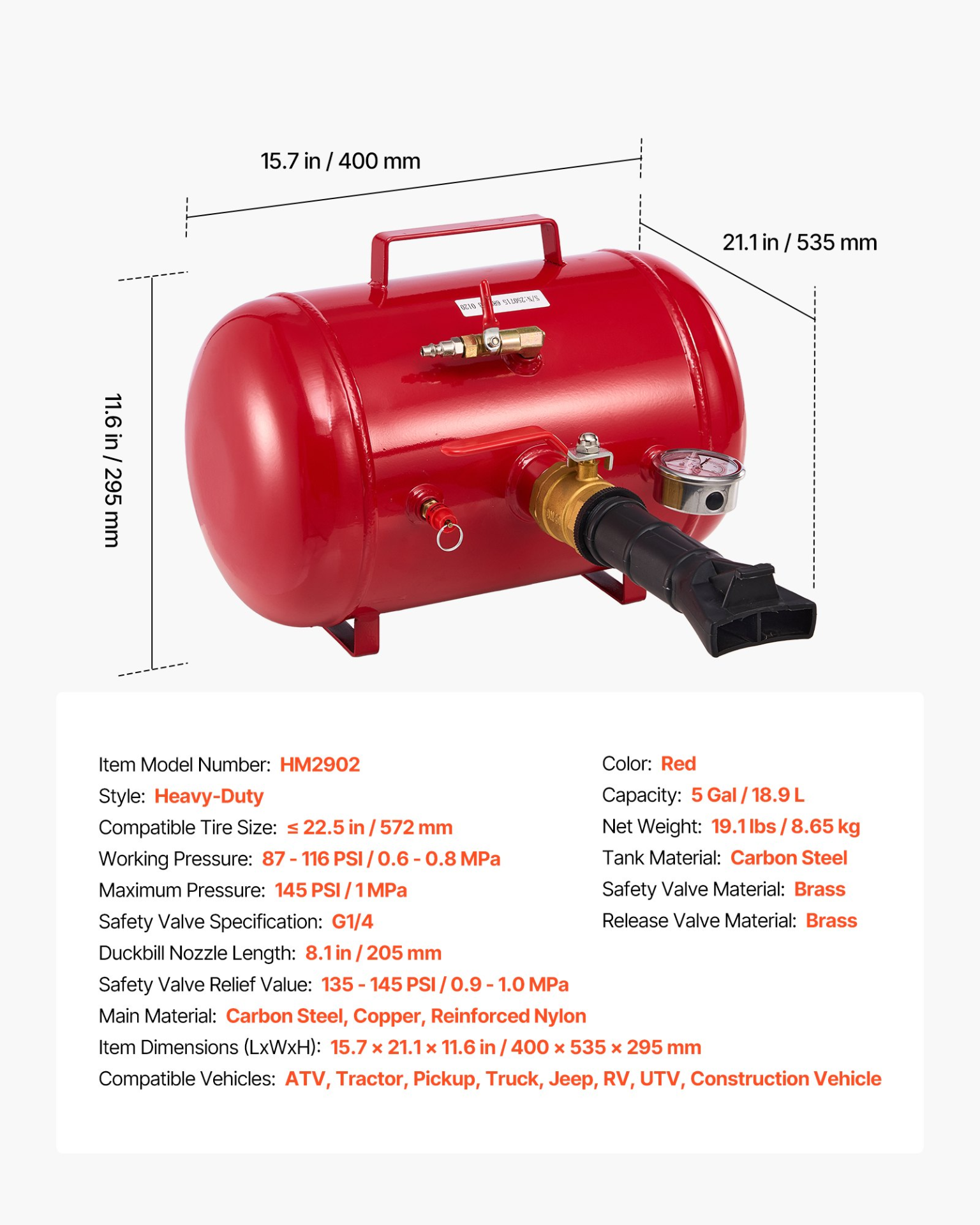 Inflador De Talón De Neumáticos 5 gal / 18.9 L LTBCQXZXS5 | VEVOR