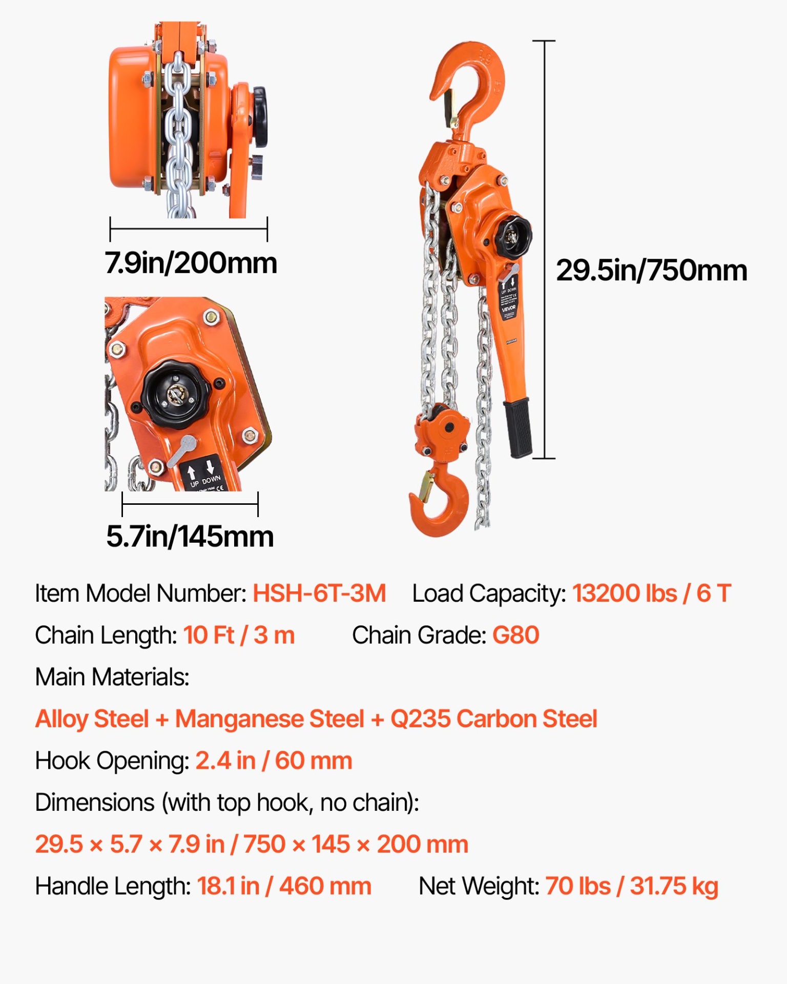 Polipasto de cadena manual, capacidad de 6T 13200LBS | VEVOR