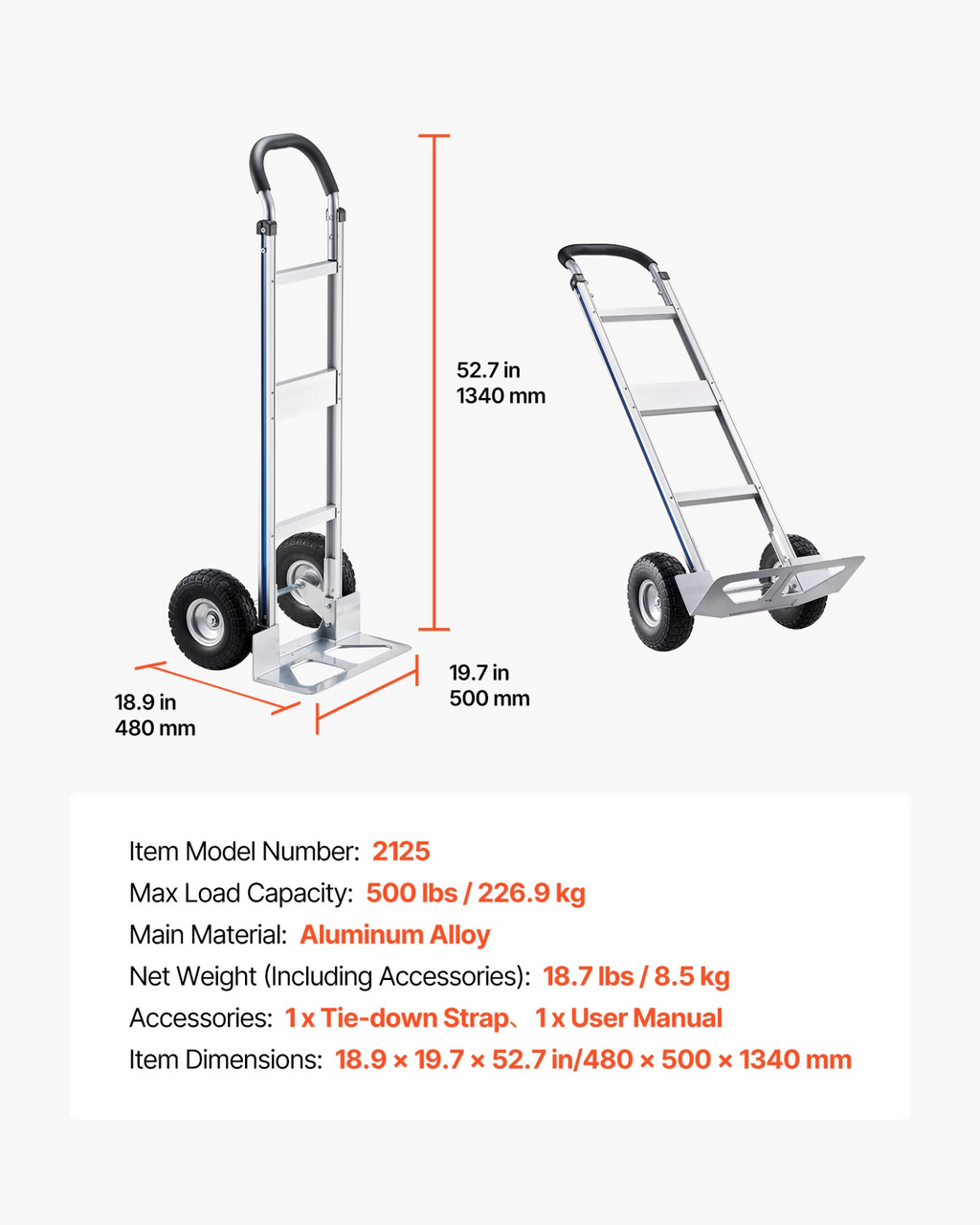 Carretilla de mano, capacidad de carga de 227 kg (500 lbs) | VEVOR