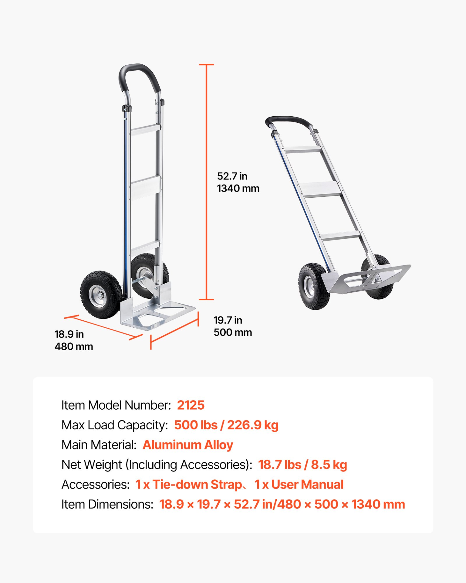 Carretilla de mano, capacidad de carga de 227 kg (500 lbs) | VEVOR