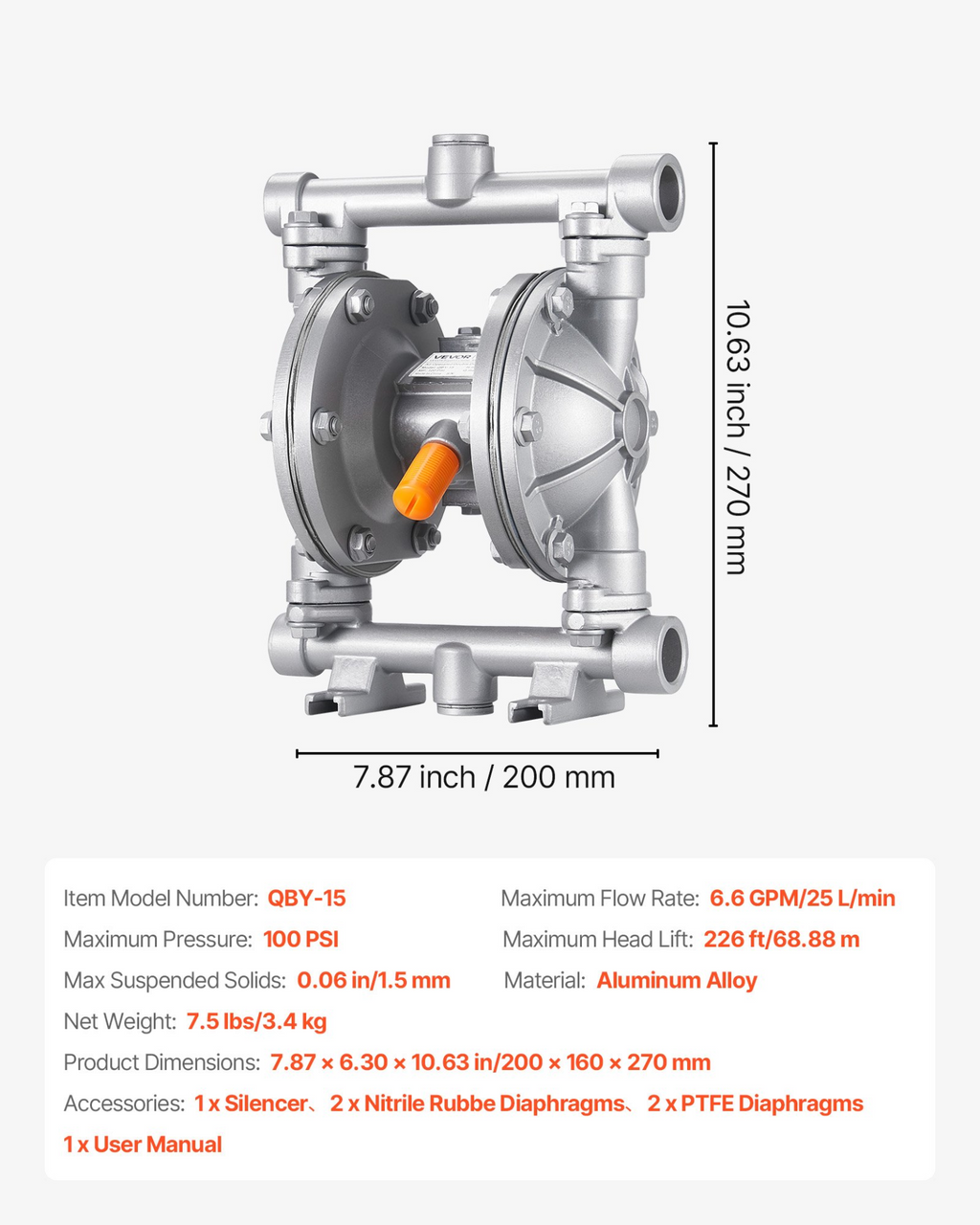 Bomba neumática de doble diafragma, 6.6 GPM | VEVOR