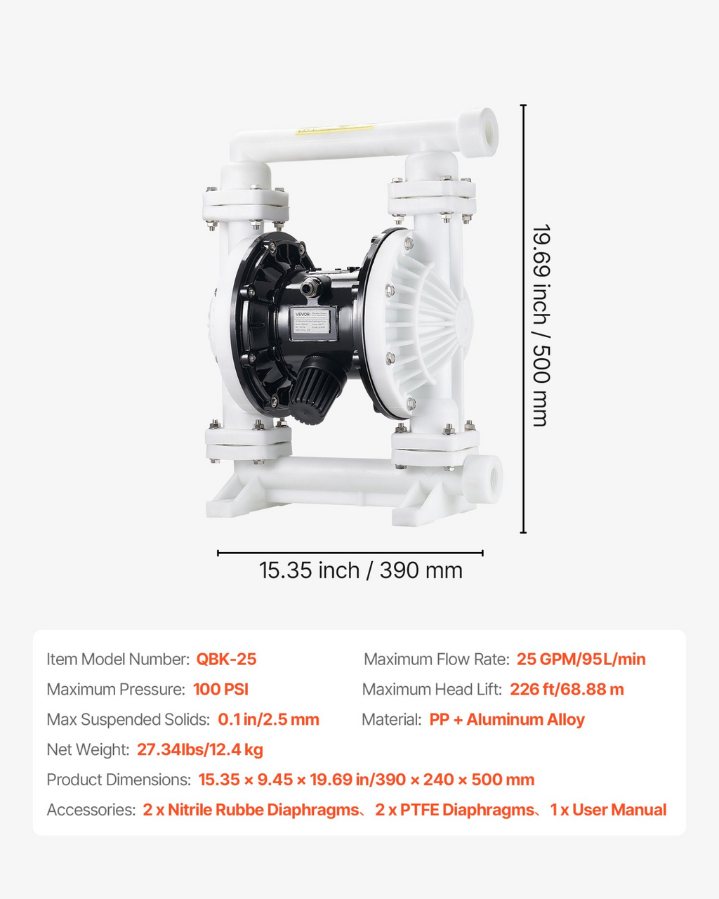 Bomba neumática de doble diafragma, 25 GPM | VEVOR
