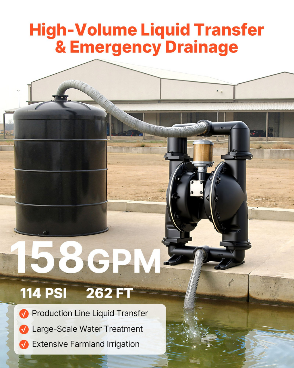 Bomba neumática de doble diafragma, 158 GPM | VEVOR