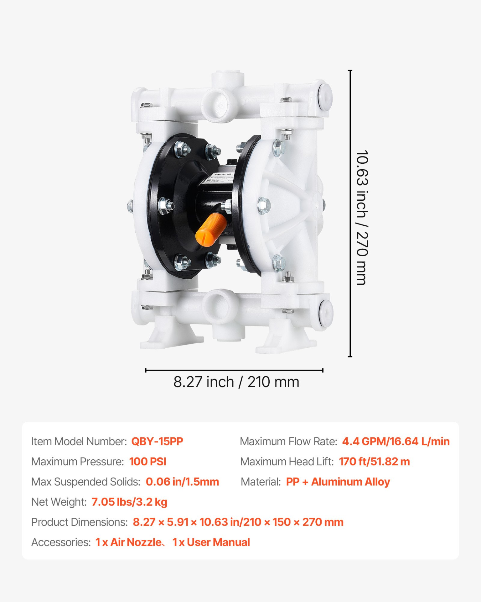 Bomba neumática de doble diafragma, 4.4 GPM | VEVOR