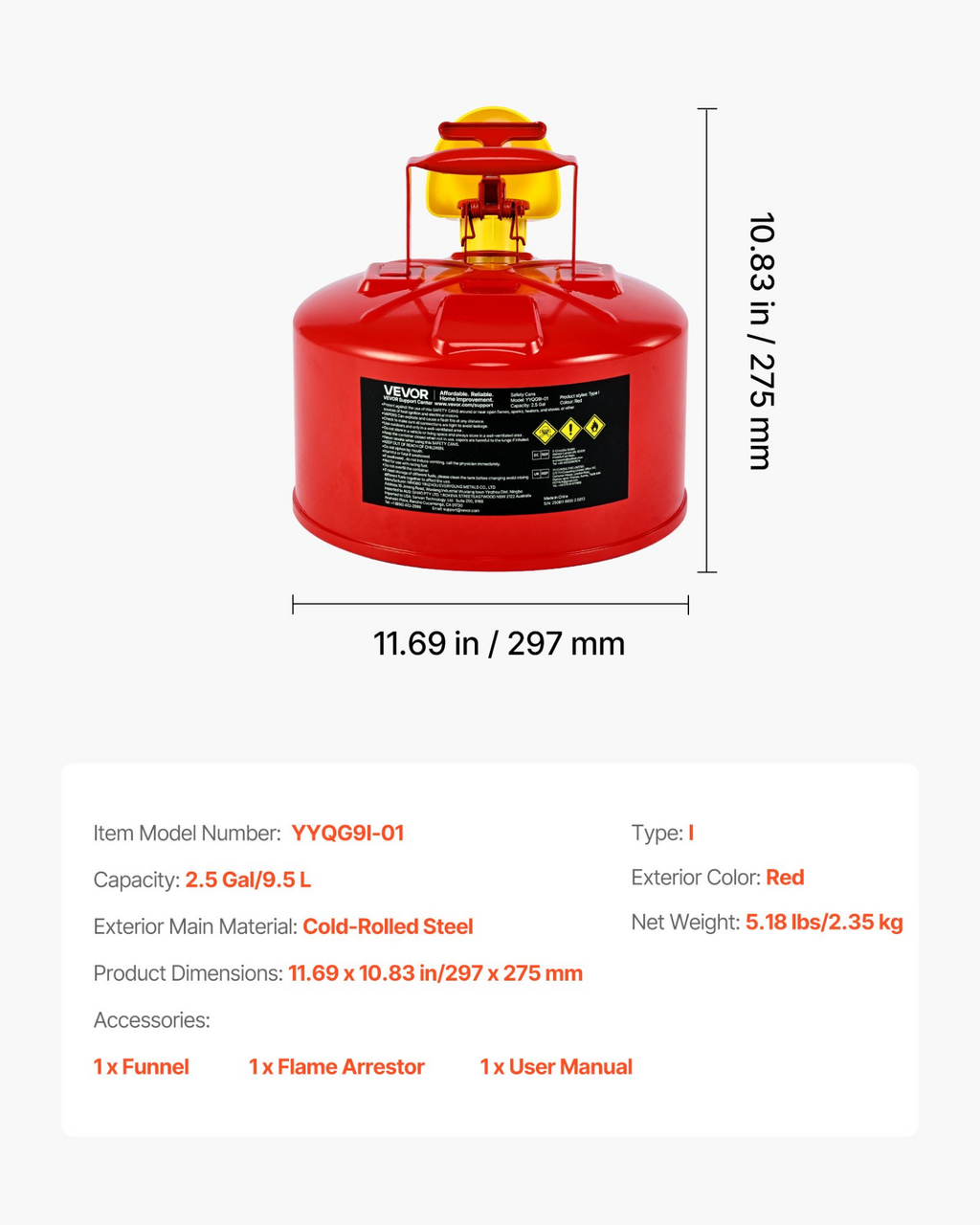 Bidón de seguridad para gasolina, 2.5 galones | VEVOR