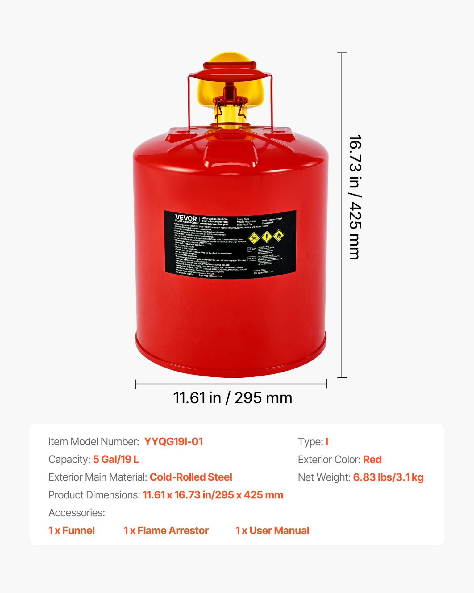 Bidón de seguridad para gasolina, de 5 galones | VEVOR