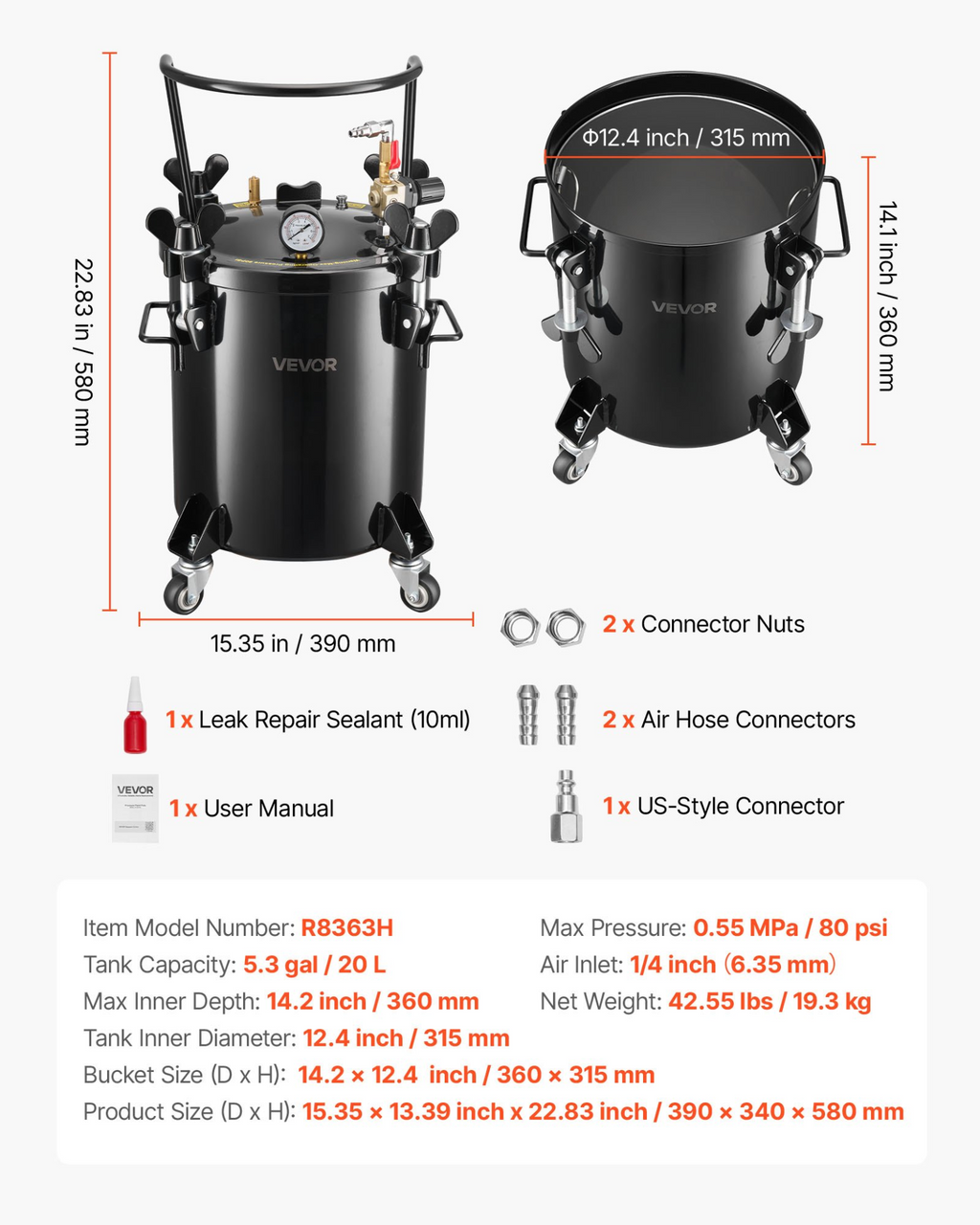 Tanque de presión, 5.3 gal/20 l | VEVOR