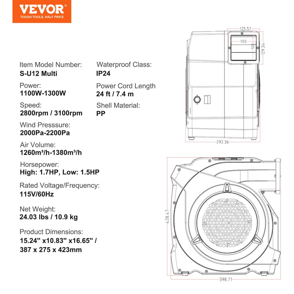 Soplador inflable, 1100 W, 1, 5 y 1, 7 HP | VEVOR