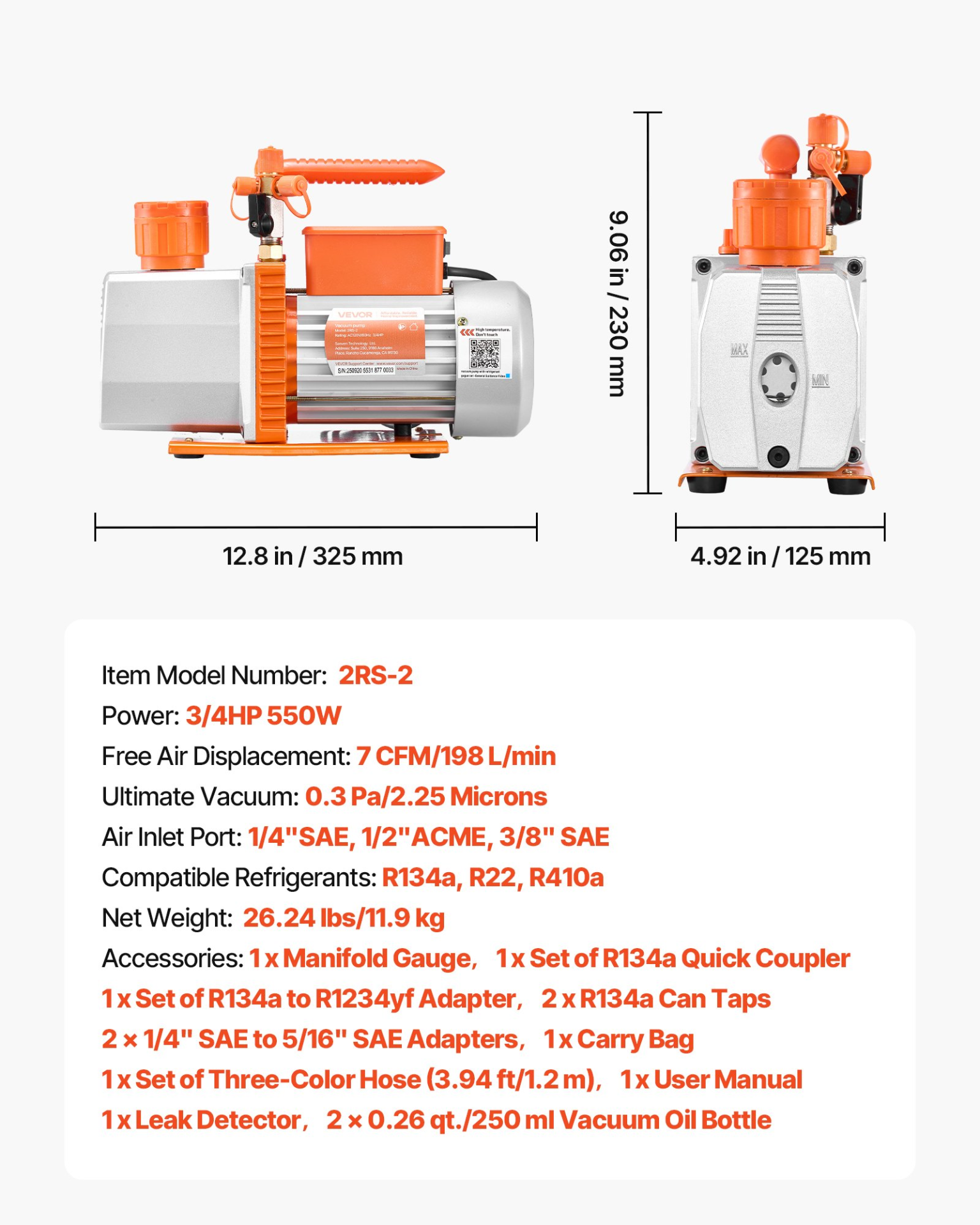 Bomba de vacío y manómetro AC, 7 CFM 3/4 HP | VEVOR