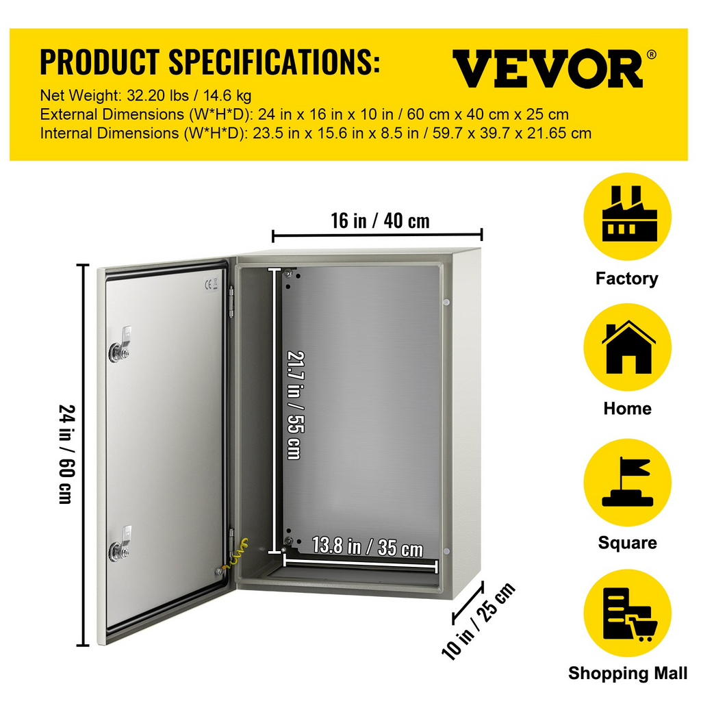 Caja de acero NEMA, 24 x 16 x 10'' | VEVOR