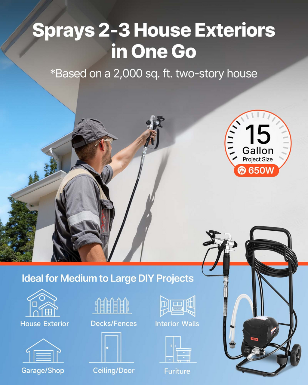 Pulverizador de pintura sin aire con soporte, 3000 PSI | VEVOR