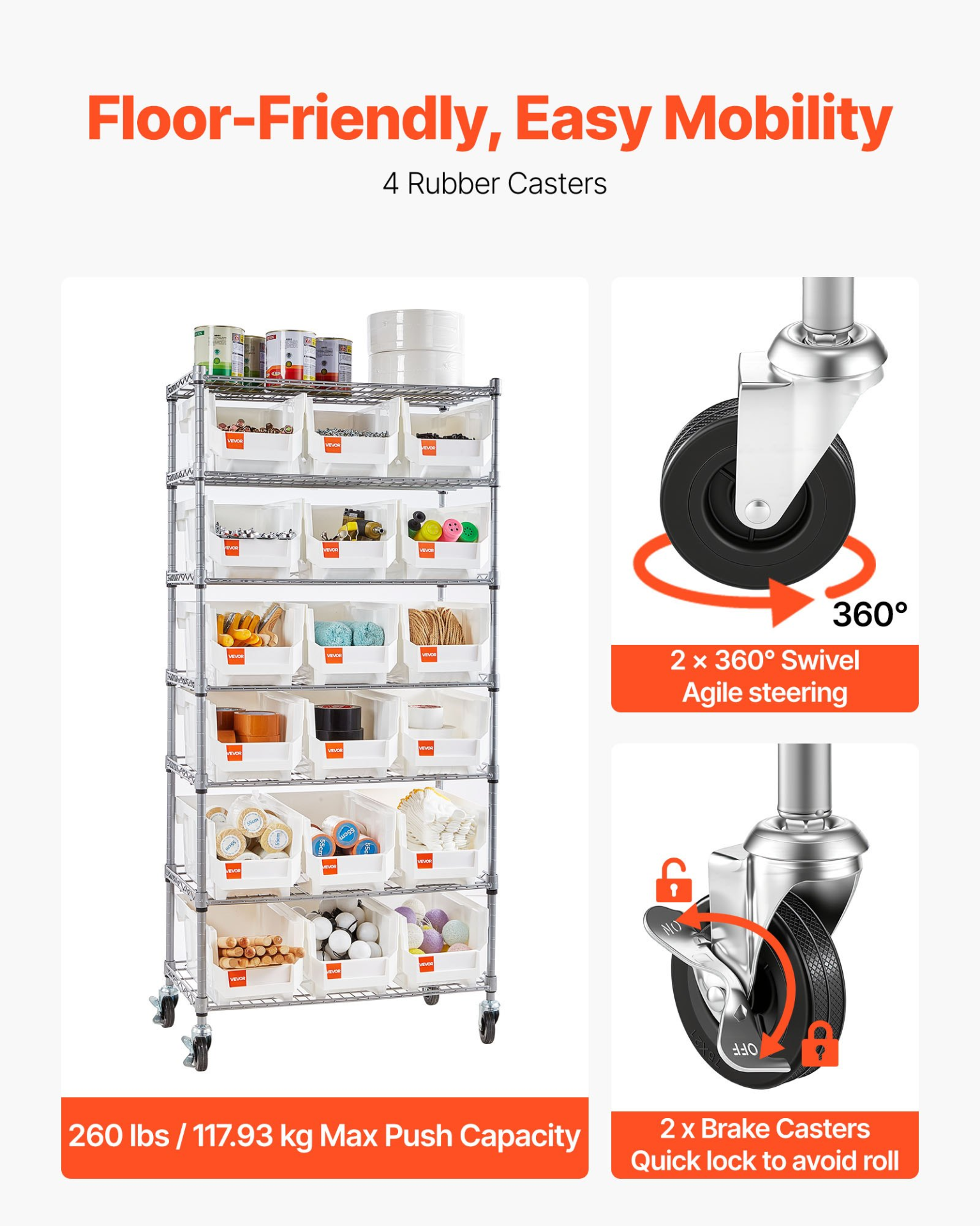 7-Tier Rolling Bin Storage Rack, 18 Organizer Bins | VEVOR