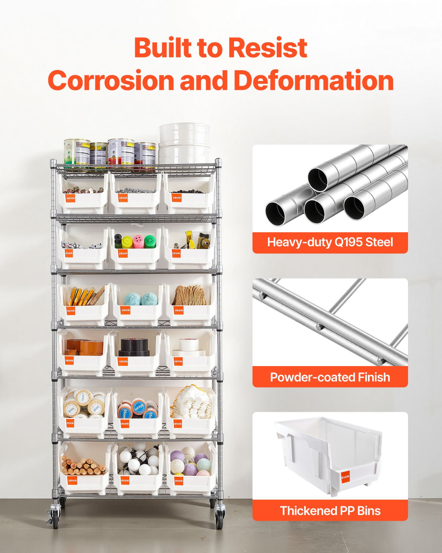 7-Tier Rolling Bin Storage Rack, 18 Organizer Bins | VEVOR