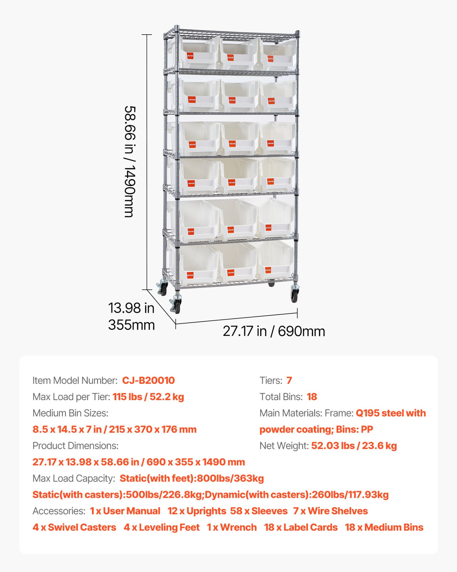 7-Tier Rolling Bin Storage Rack, 18 Organizer Bins | VEVOR