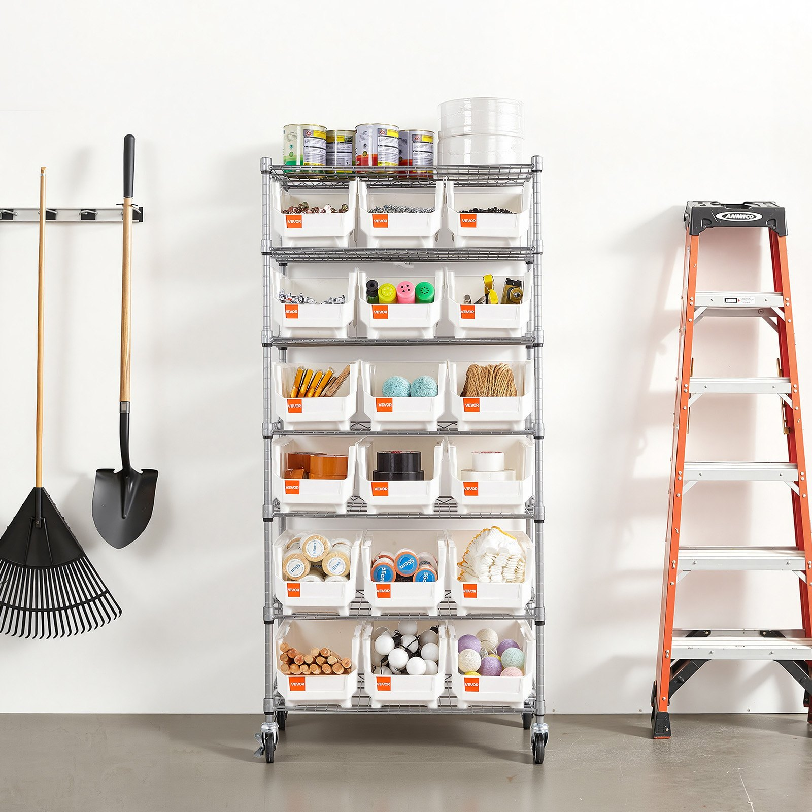 7-Tier Rolling Bin Storage Rack, 18 Organizer Bins | VEVOR