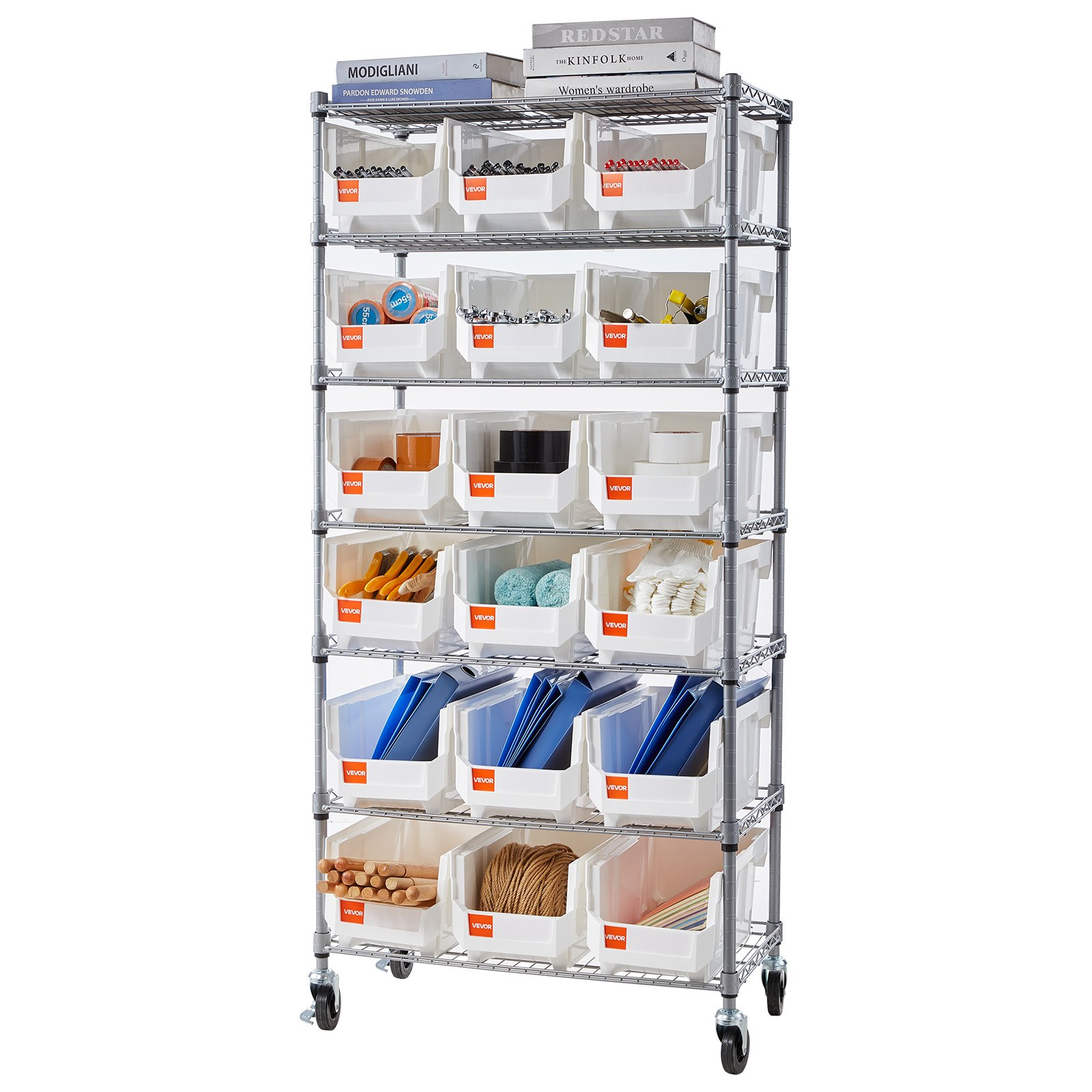 7-Tier Rolling Bin Storage Rack, 18 Organizer Bins | VEVOR