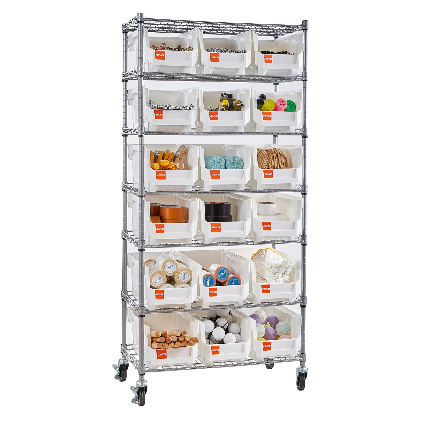 7-Tier Rolling Bin Storage Rack, 18 Organizer Bins | VEVOR