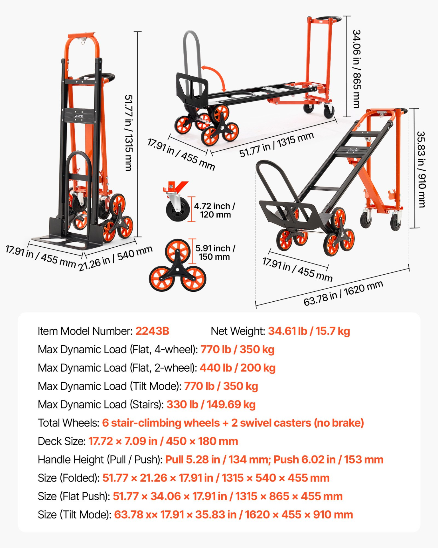 Carro industrial convertible 3 en 1 para subir escaleras | VEVOR