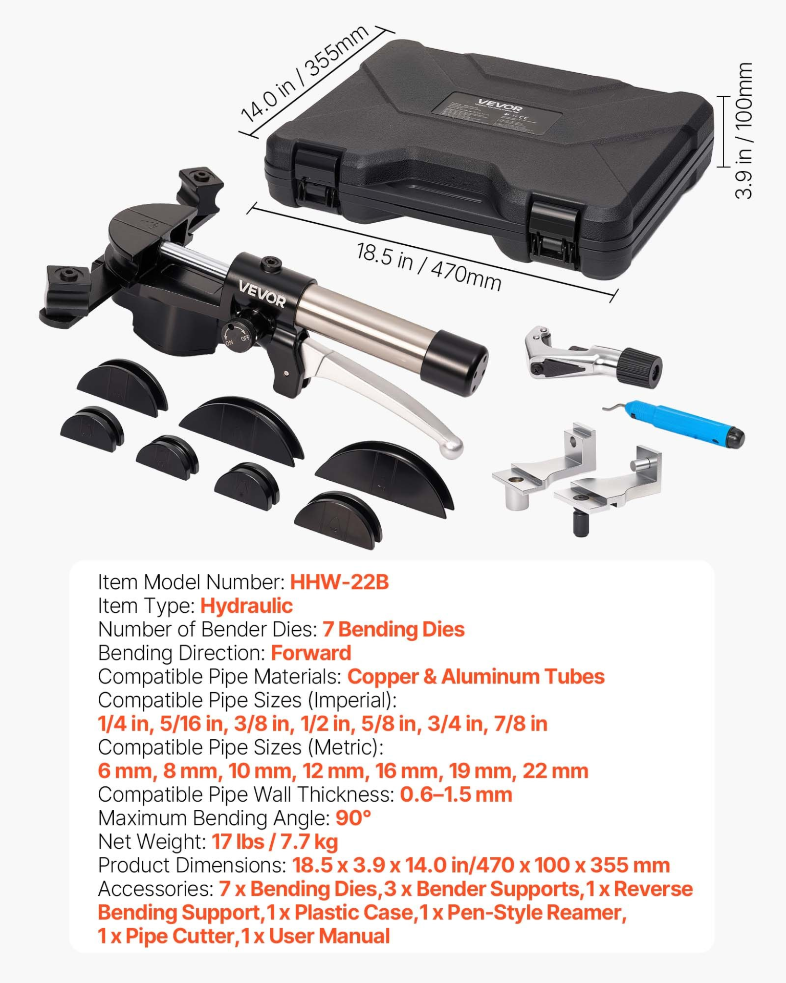 Kit doblador de tubos hidráulicos, de 1/4 a 7/8 de pulgada JLSDWGJYYK | VEVOR