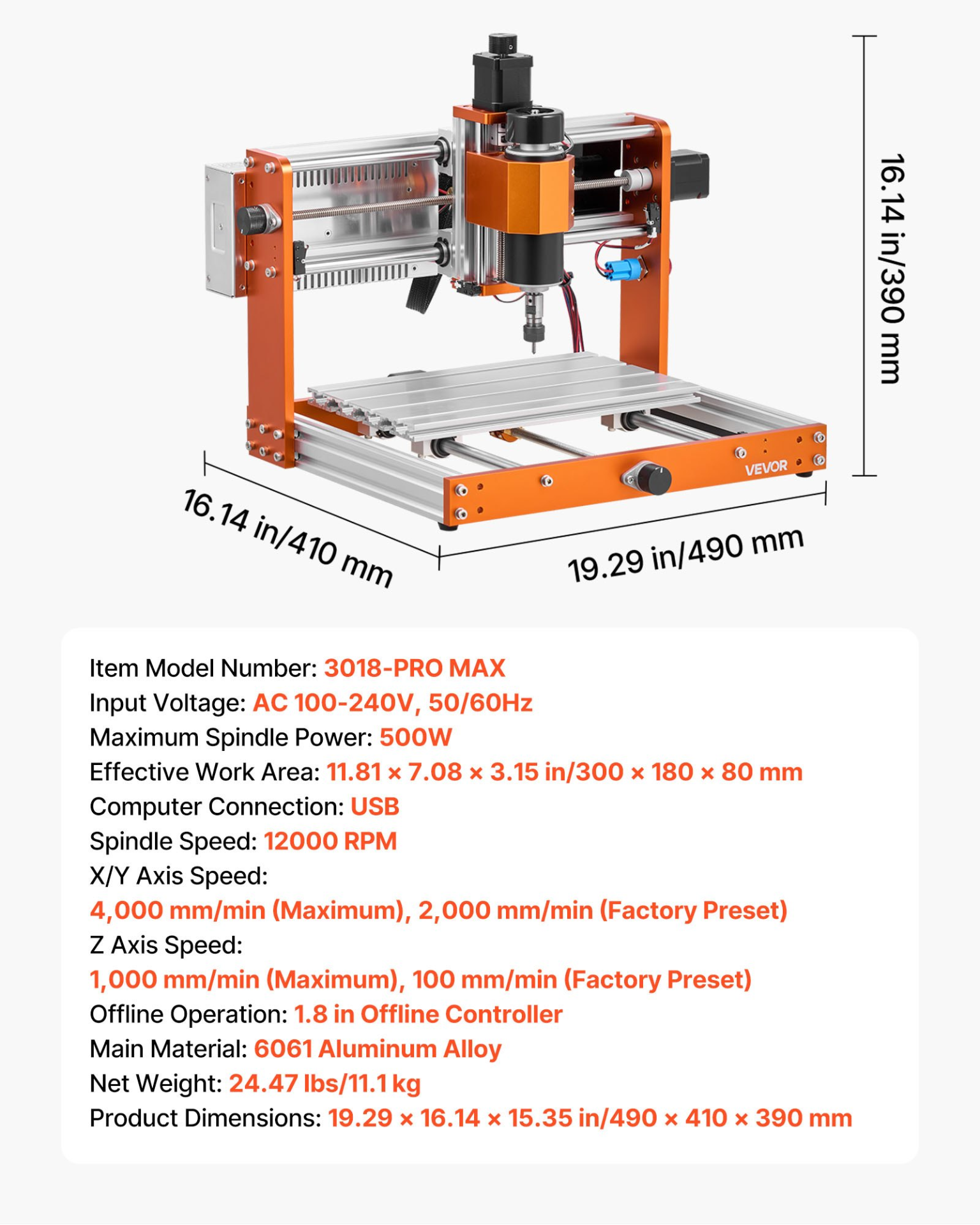 Fresadora CNC, husillo de 500 W | VEVOR