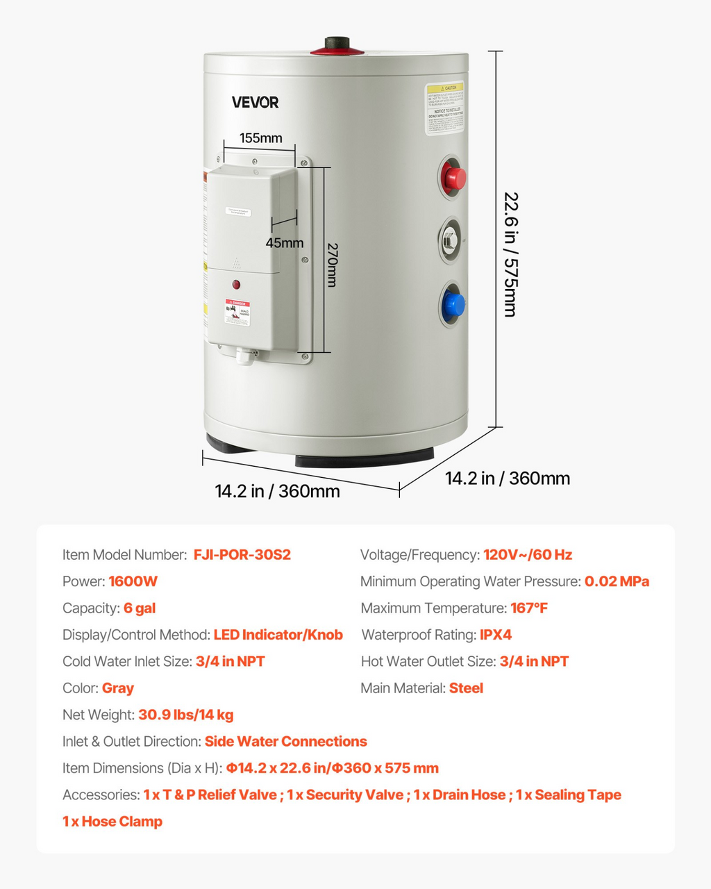 Calentador de agua eléctrico de 6 galones, 1600 W | VEVOR