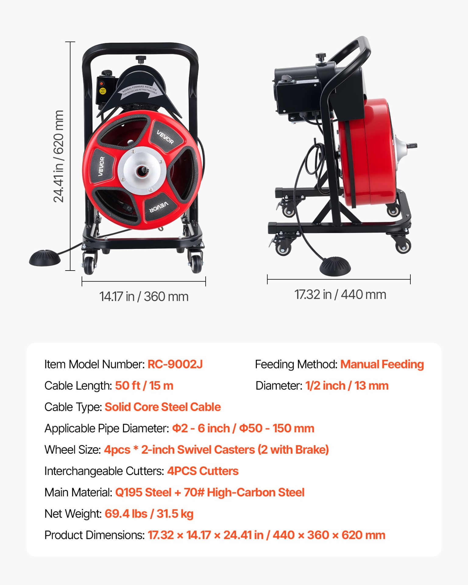 Máquina desatascadora de 15, 2 m x 1, 27 cm SDJJKLSGDS | VEVOR