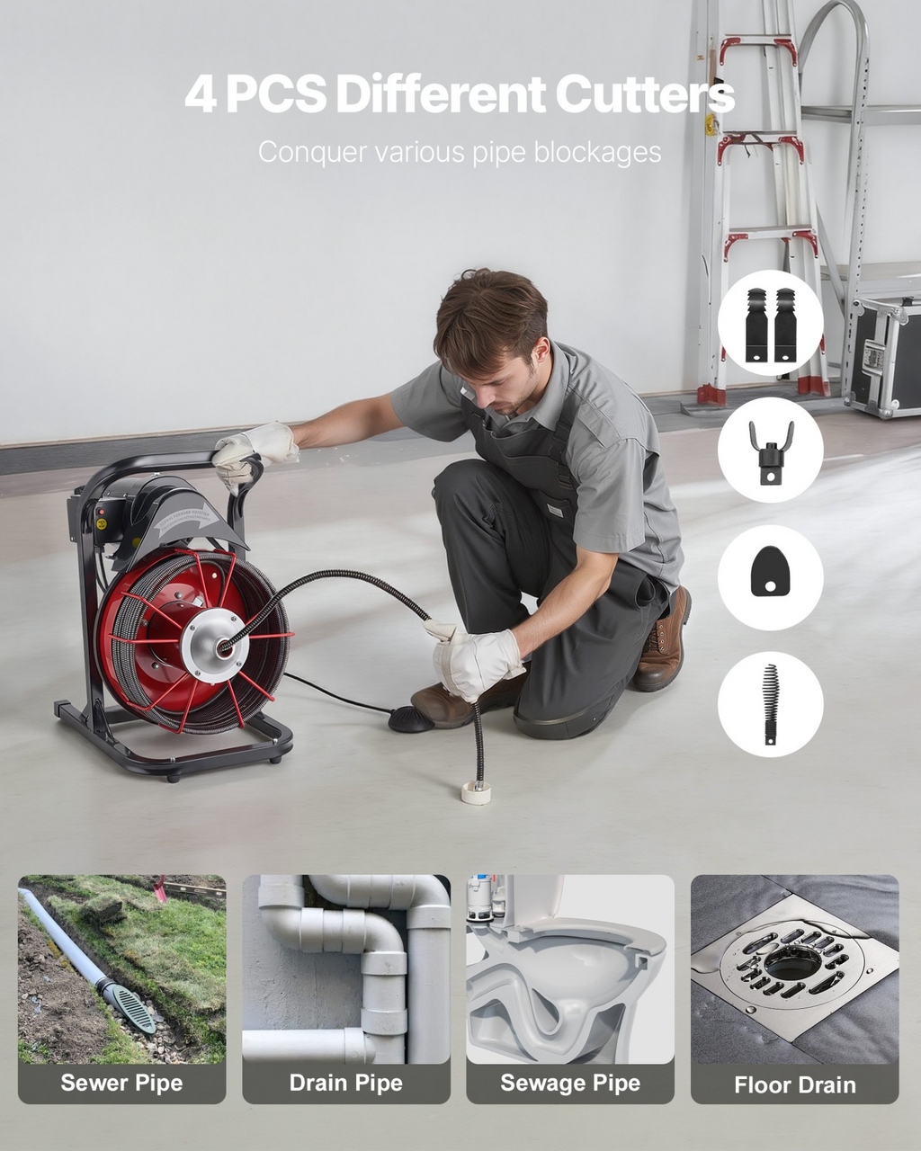 Máquina desatascadora de 15, 2 m x 1, 27 cm, 15 cm | VEVOR