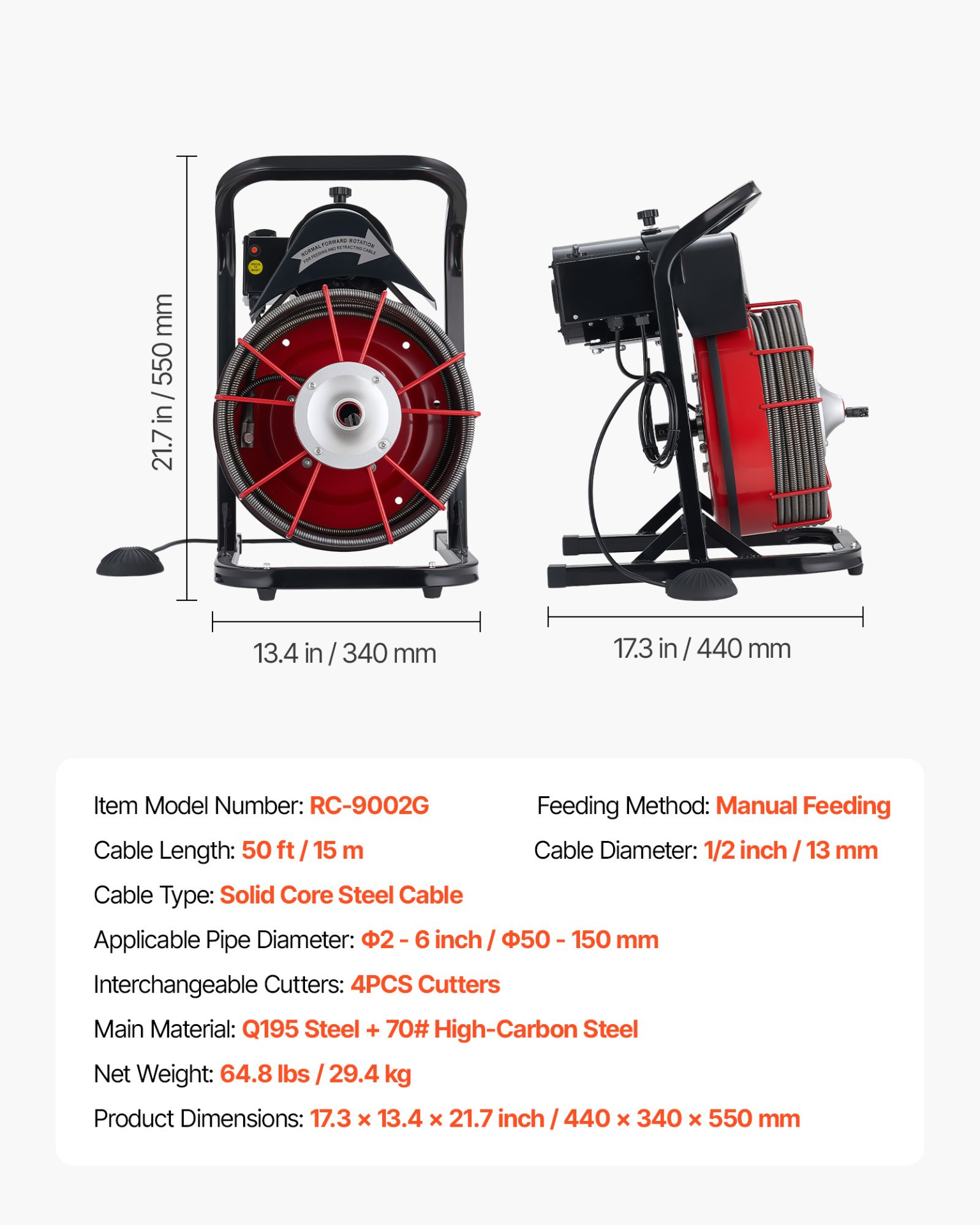 Máquina desatascadora de 15, 2 m x 1, 27 cm, 15 cm | VEVOR