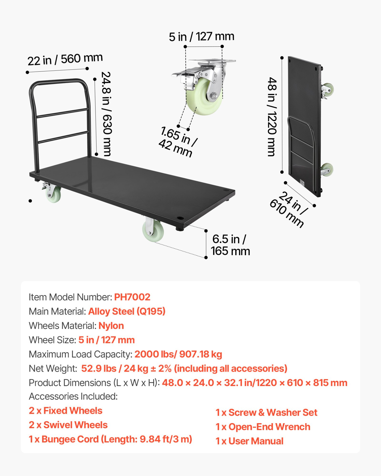 CARRITO de plataforma resistente, capacidad de 2000 lb