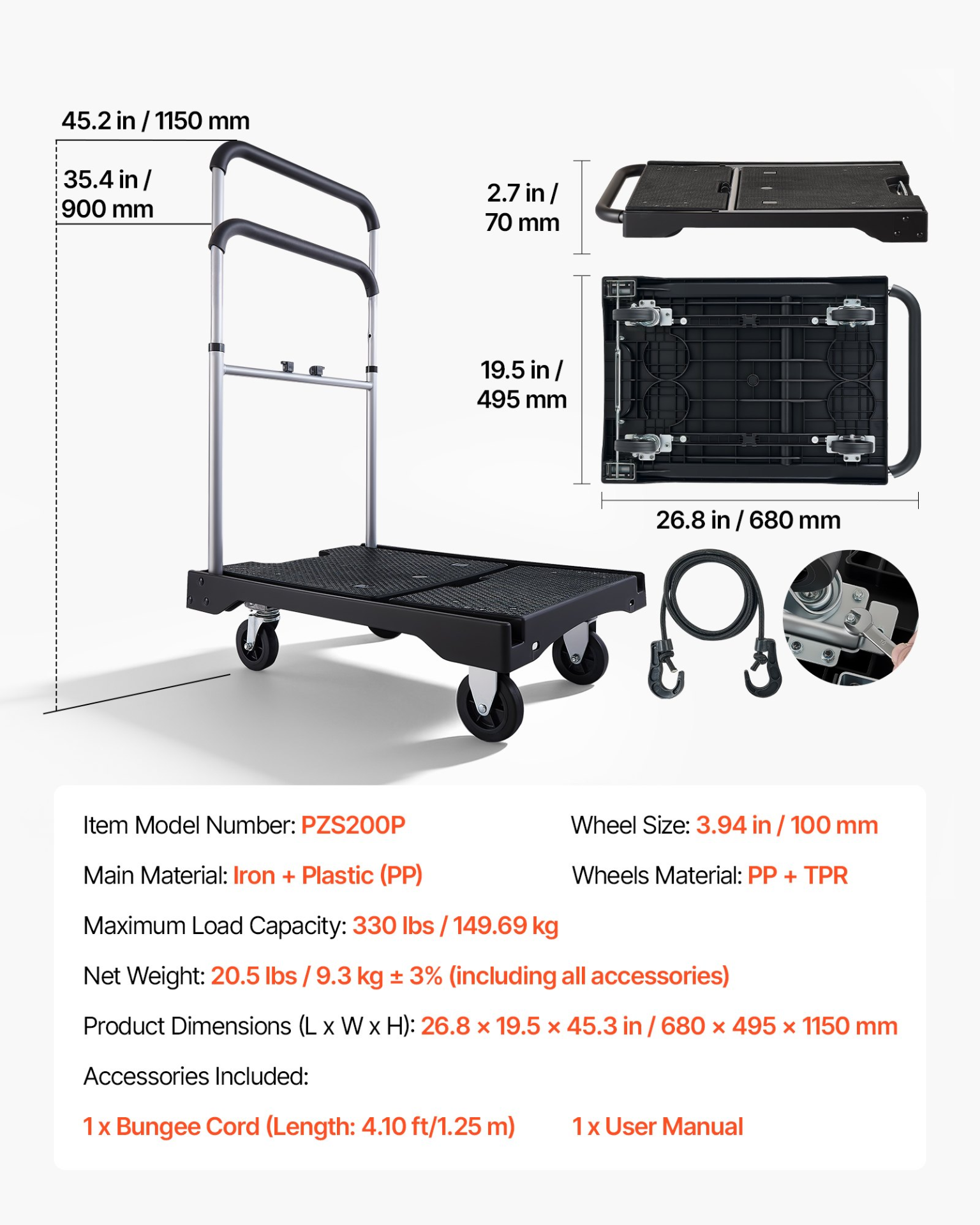Carro de transporte plegable, capacidad de 150 kg | VEVOR