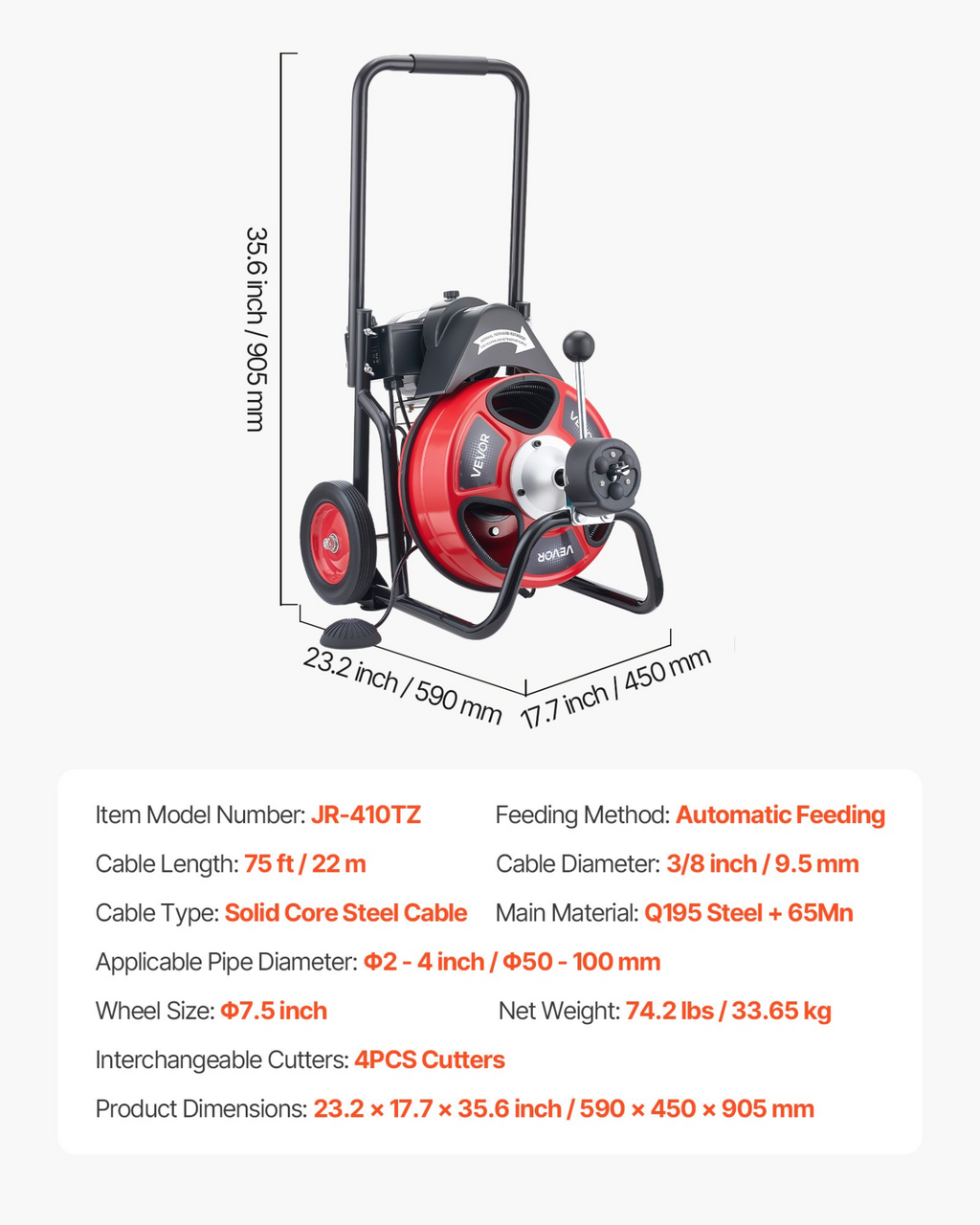Máquina desatascadora de 22, 8 m x 9, 5 mm | VEVOR