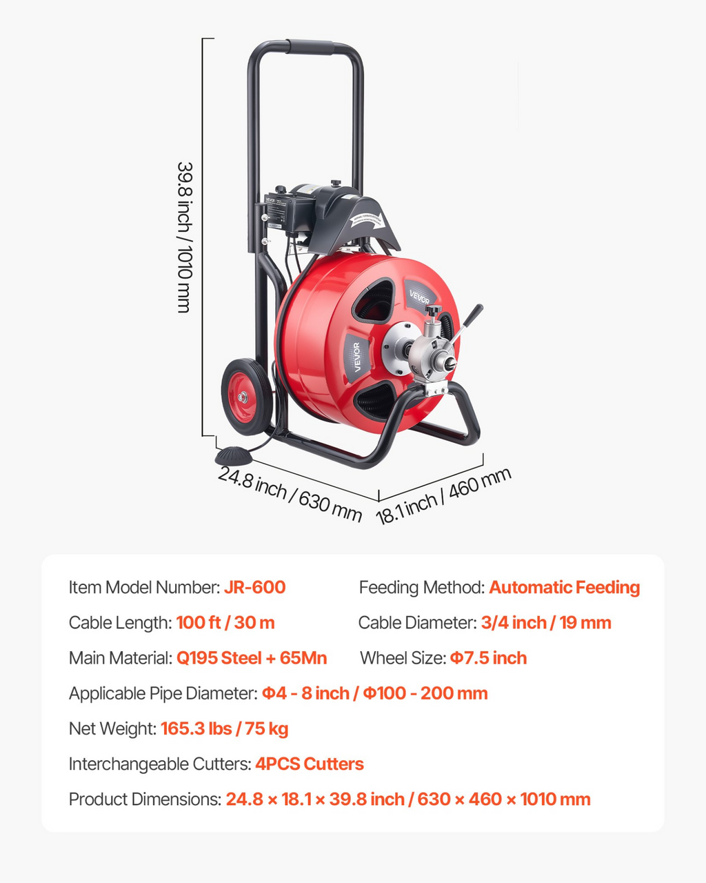 Máquina desatascadora de 30, 5 m x 1, 9 cm | VEVOR