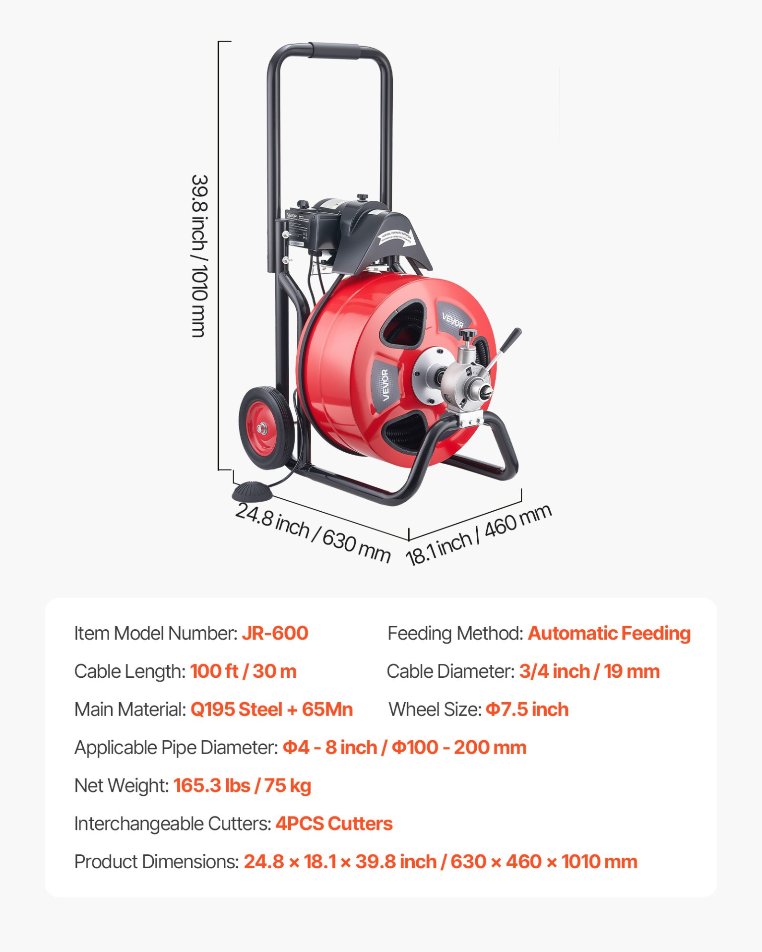 Máquina desatascadora de 30, 5 m x 1, 9 cm | VEVOR