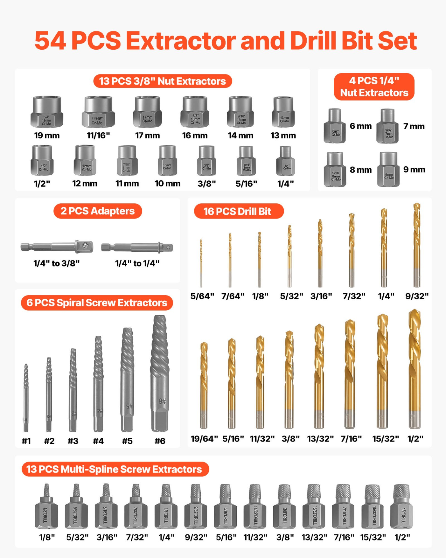 Juego de extractores de tornillos con brocas (54 piezas) | VEVOR