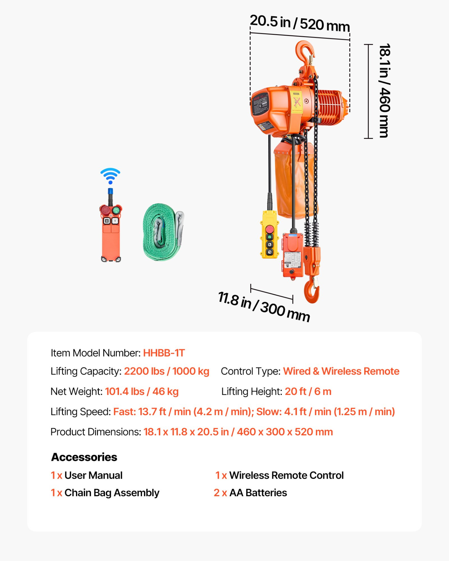 Polipasto eléctrico de cadena de 2200 lbs GDSDDHLHLJ | VEVOR