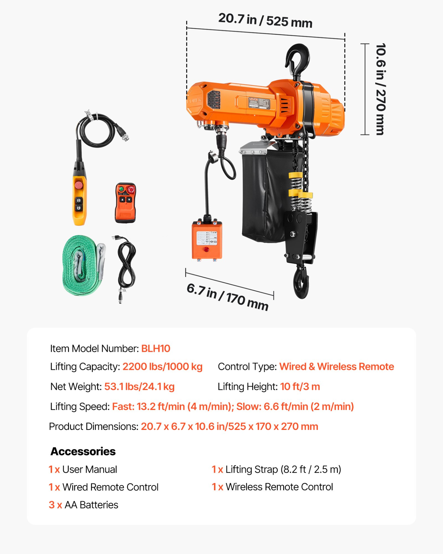 Polipasto eléctrico de cadena de 2200 lbs | VEVOR