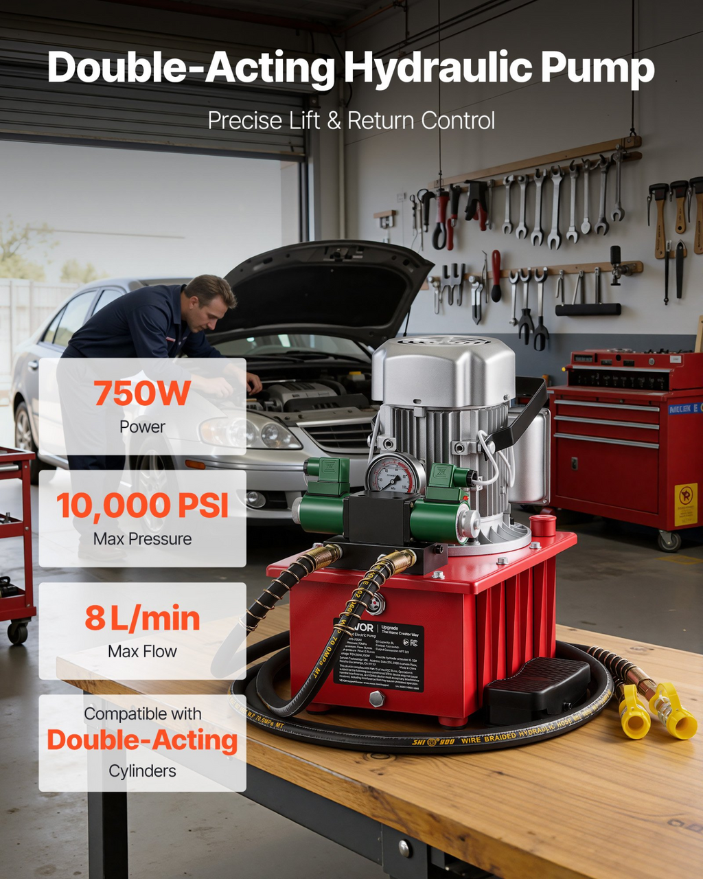Bomba hidráulica eléctrica, 750 W, 10 000 PSI, 8 L | VEVOR