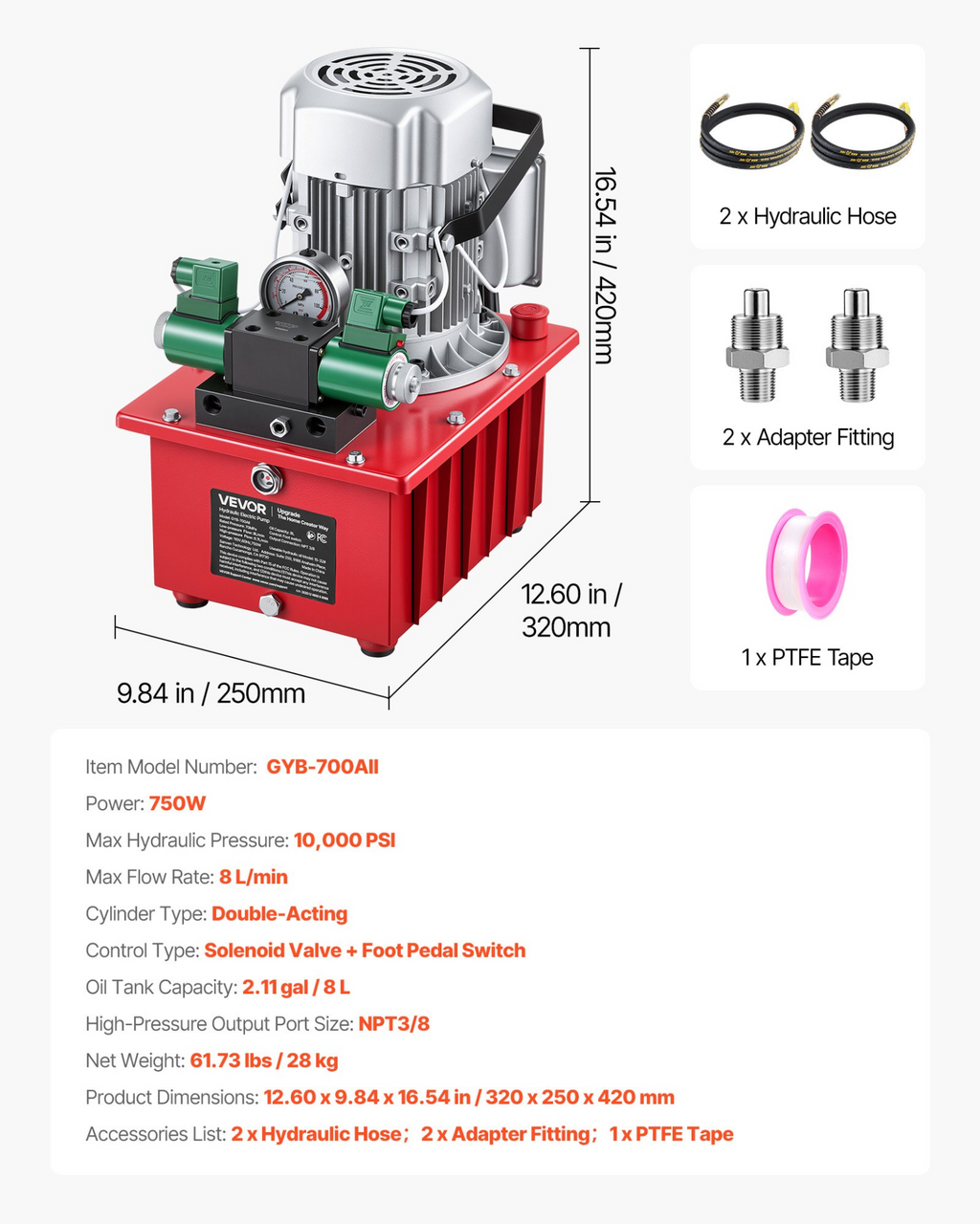 Bomba hidráulica eléctrica, 750 W, 10 000 PSI, 8 L | VEVOR