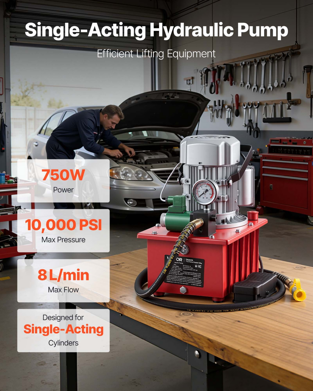 Bomba hidráulica eléctrica, 750 W, 10 000 PSI, 2,1 galones | VEVOR