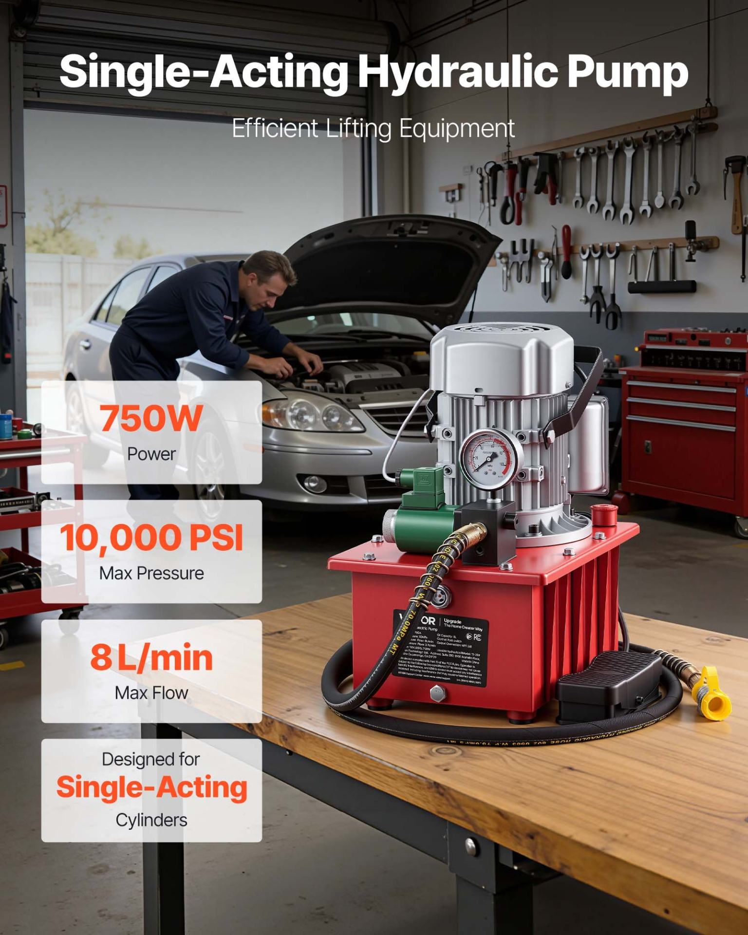 Bomba hidráulica eléctrica, 750 W, 10 000 PSI, 2,1 galones | VEVOR