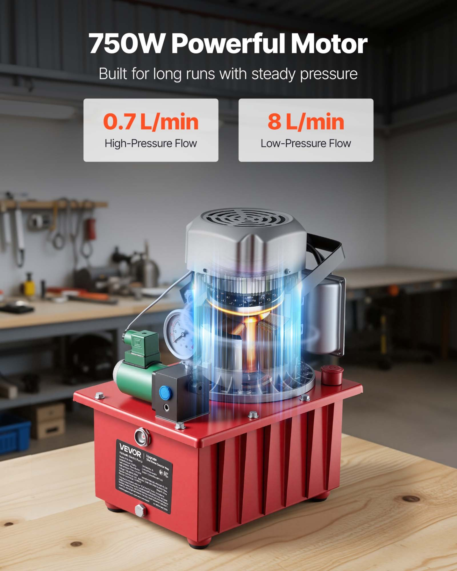 Bomba hidráulica eléctrica, 750 W, 10 000 PSI, 2,1 galones | VEVOR
