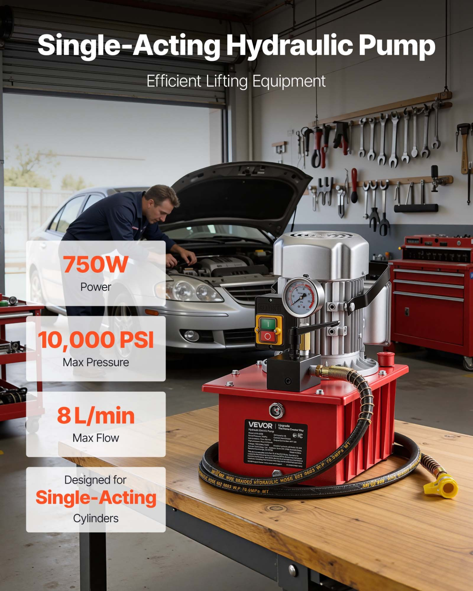 Bomba hidráulica eléctrica, 750 W, 10 000 PSI | VEVOR
