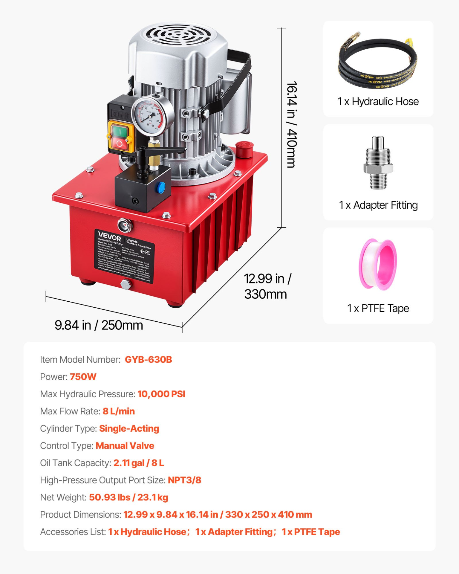 Bomba hidráulica eléctrica, 750 W, 10 000 PSI | VEVOR