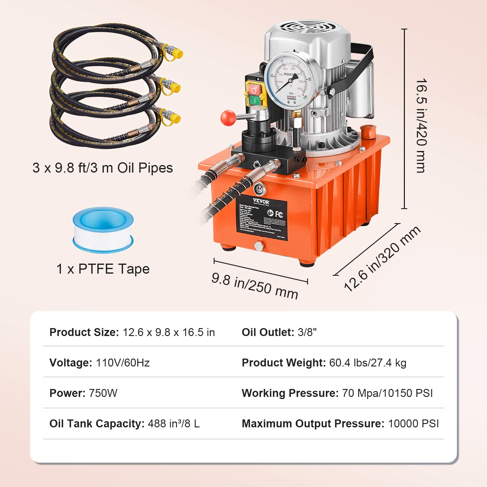 Bomba hidráulica eléctrica, 10 000 PSI, 750 W | VEVOR