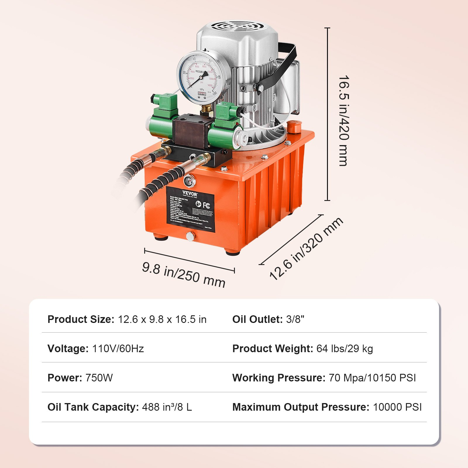 Bomba hidráulica eléctrica, 10 000 PSI, 750 W, 8 L | VEVOR