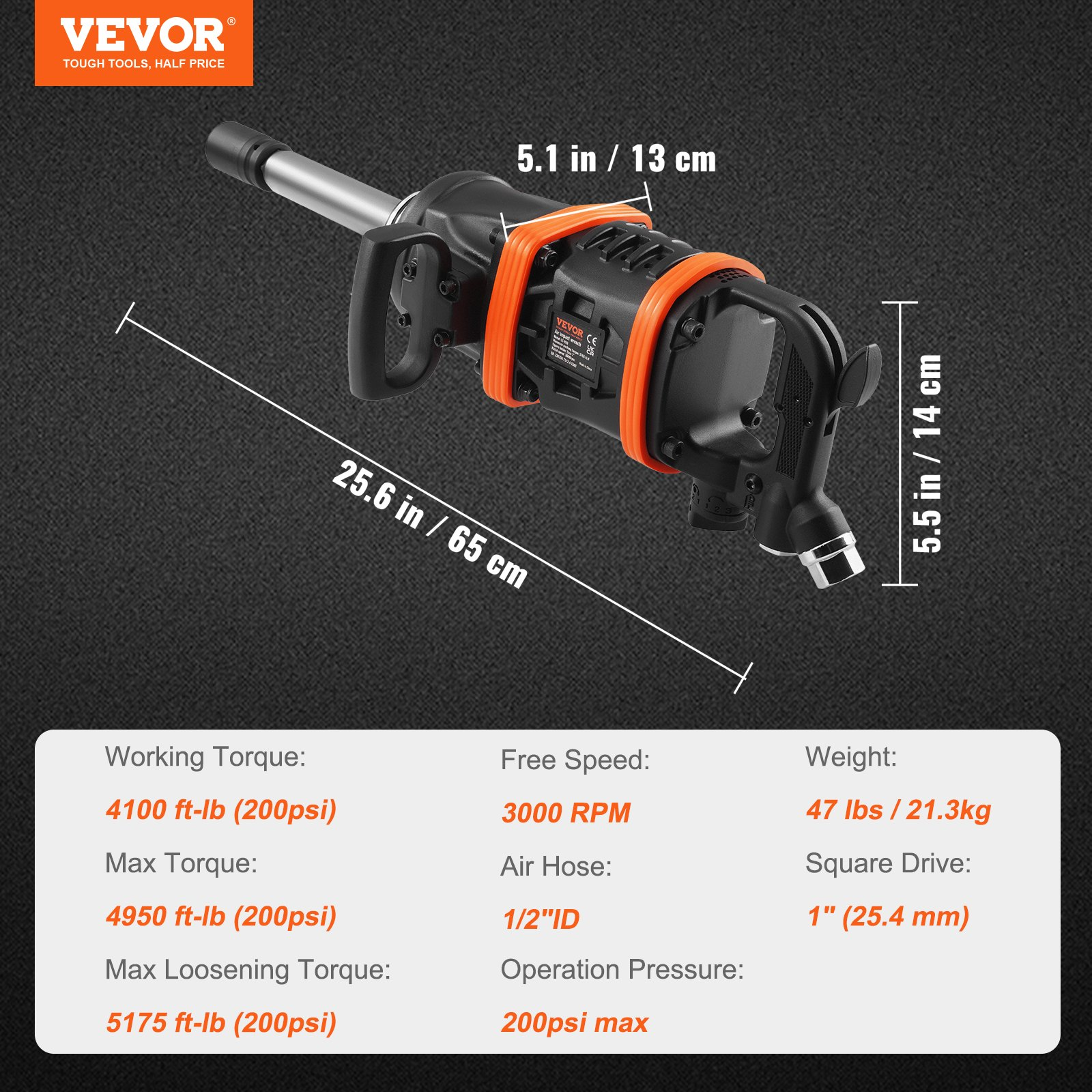 Llave de impacto neumática de 1 pulgada, hasta 5175 ft-lbs | VEVOR