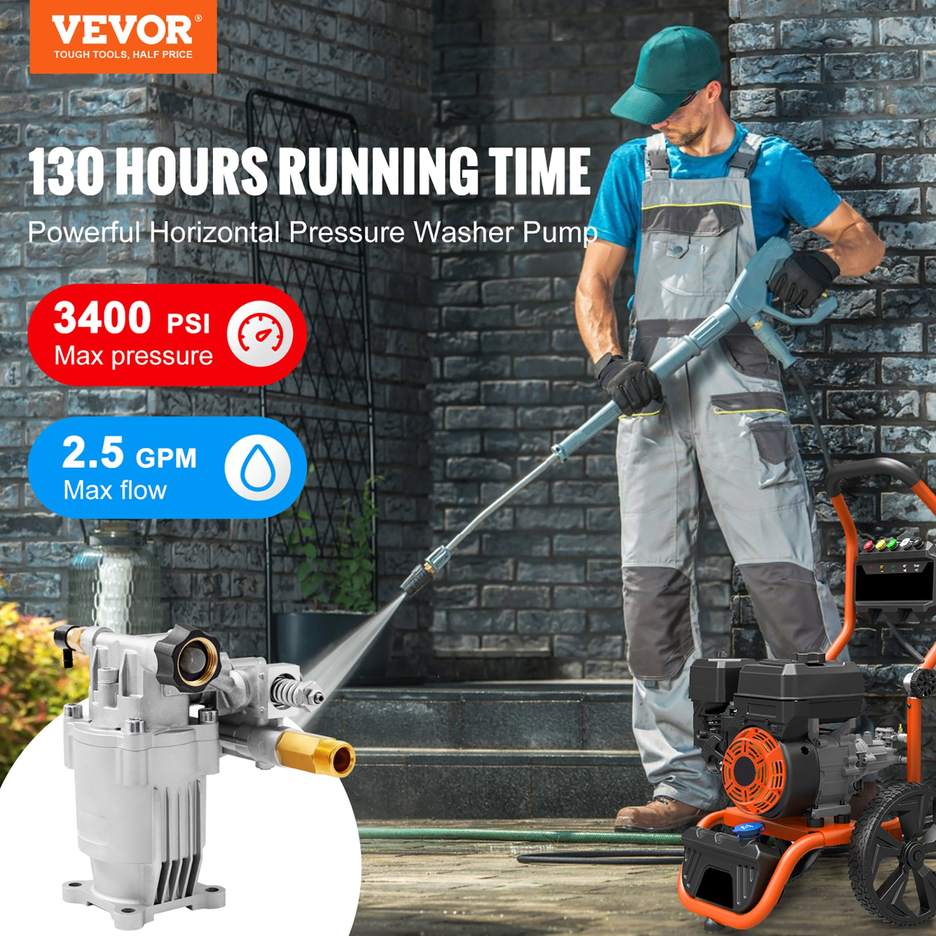 Bomba para hidrolavadora, eje horizontal de 3/4" | VEVOR